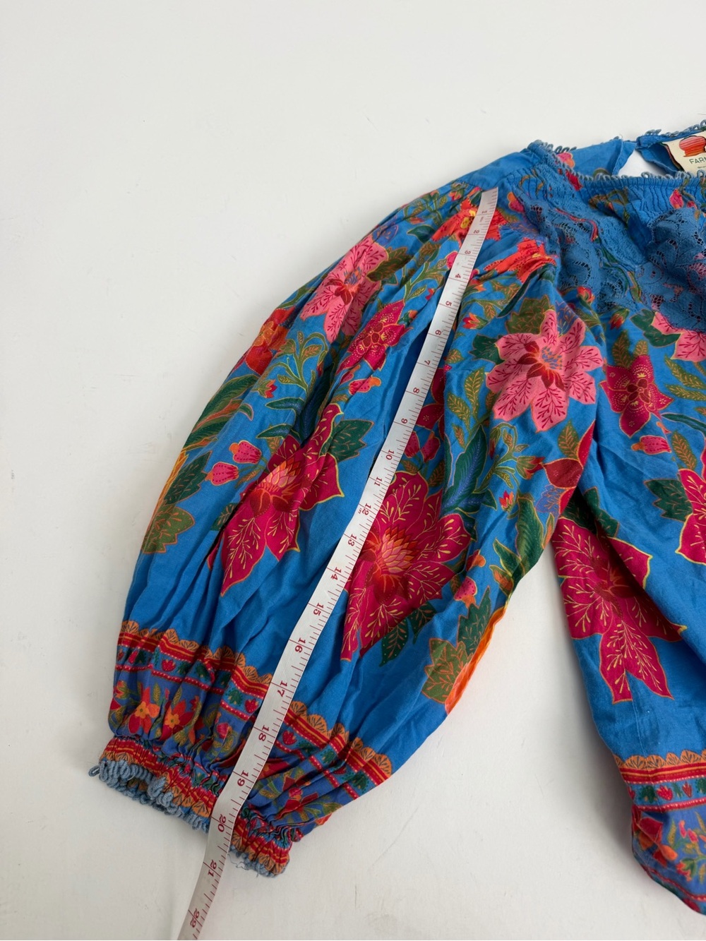 farm rio blue floral Blouse Bubble Sleeve With Tassels Tropical Island Beach - Picture 11 of 12
